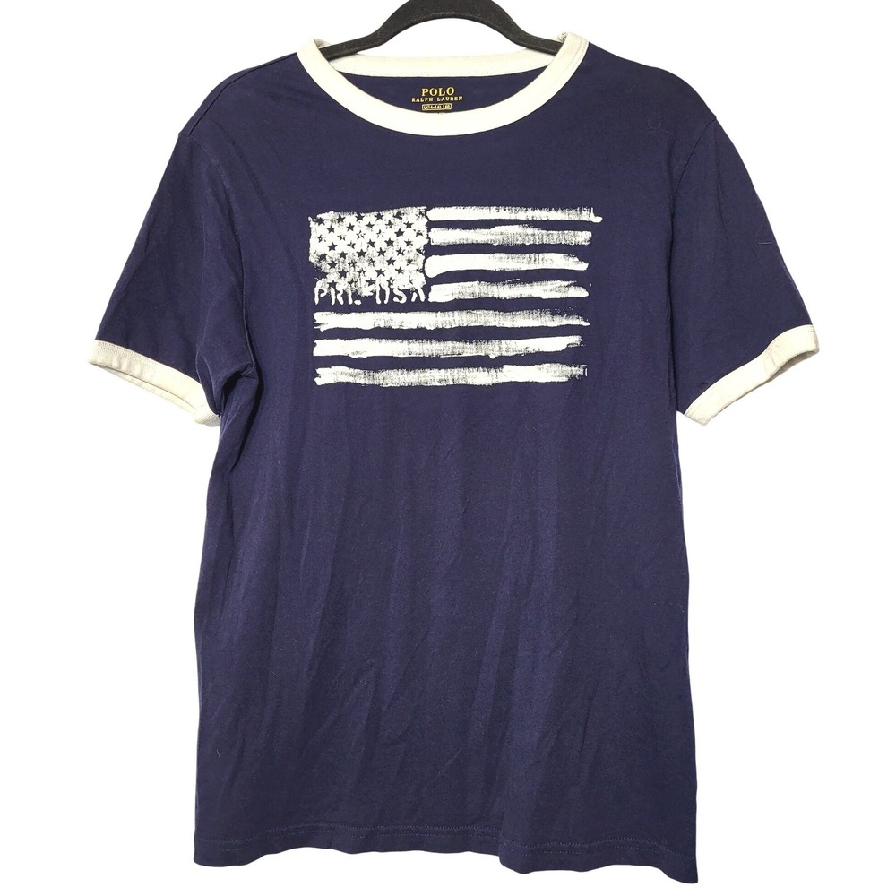 Polo Ralph Lauren Boys Navy Blue American Flag Crew Neck T-Shirt Large 14-16